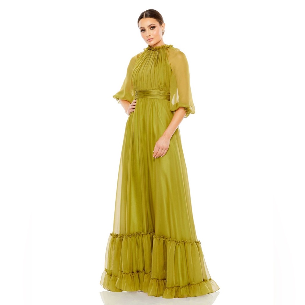 NWT $498 Mac Duggal Chiffon Ruched Illusion Raglan Sleeve Gown olive green dress